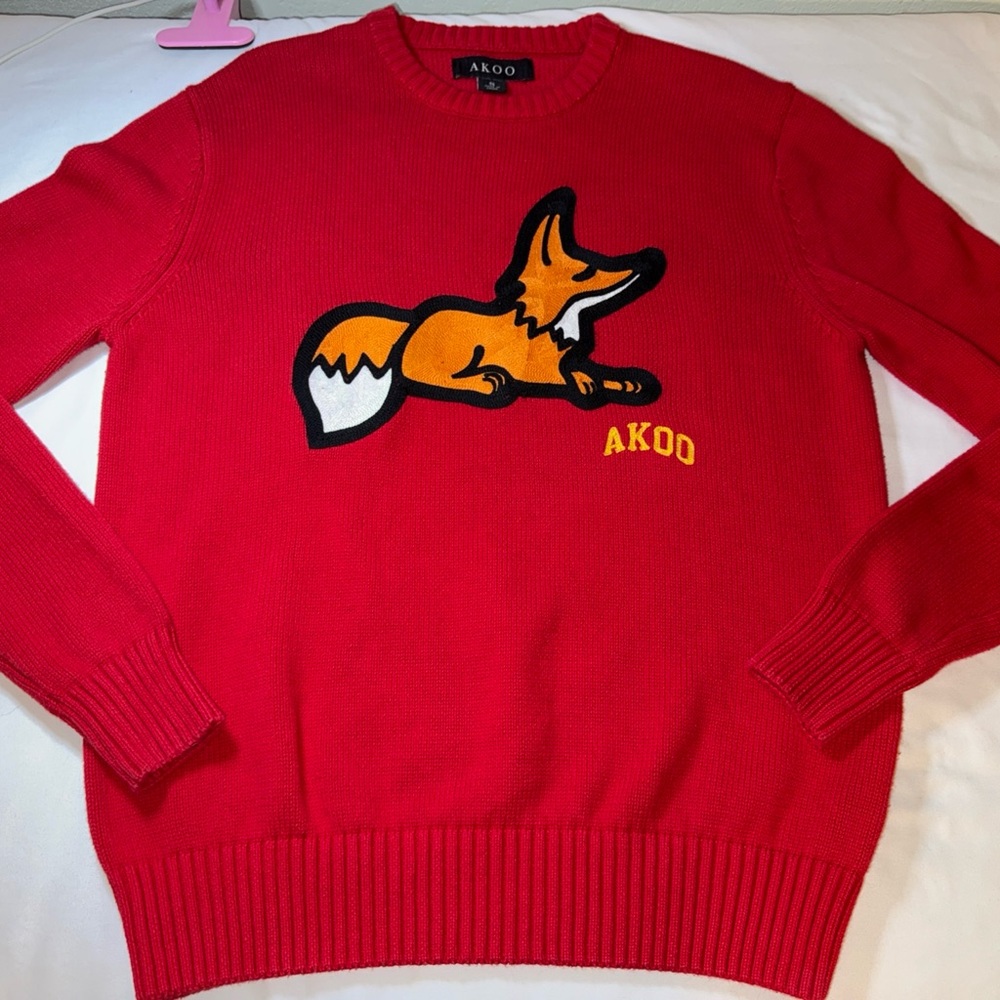 AKOO Red Crewneck Sweater with Orange Fox Graphic